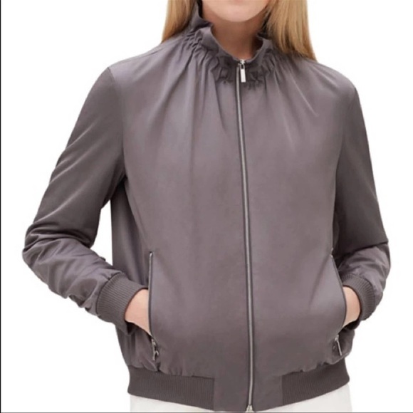 Lafayette 148 New York Rock Gray Kiki Satin Viscose Bomber Jacket $698 - Picture 3 of 9